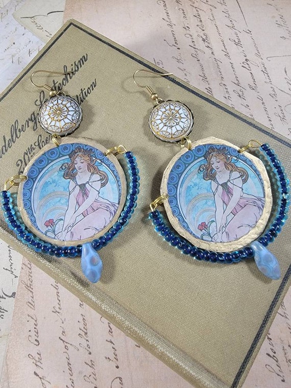 Vintage Decoupage Tin Dangle Earrings; Boho Chandelier Earrings; Artist Drop Earrings; Pastel Art Deco Earrings; Blue Mermaid Earrings