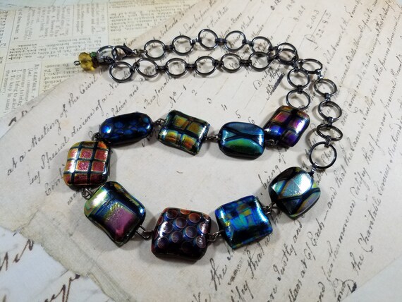 Dichronic Fused Glass Necklace; Metallic Geometric Glass Necklace; Artisan Glass Beaded Necklace; Adjustable Necklace