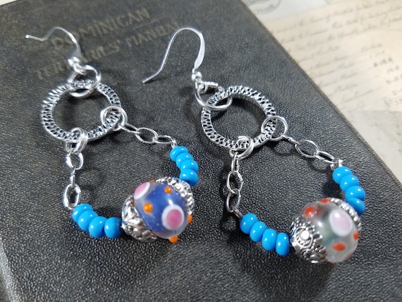 Turquoise Blue Boho Drop Earrings; Lampwork Glass and Beaded Dangle Earrings; Polka Dot Beaded Drop Earrings; Beaded Graduated Hoop Earrings