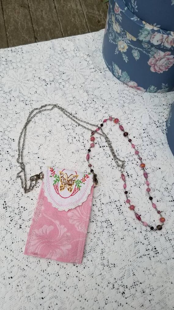 Shabby Chic Embroidered Butterfly Barkcloth Cross Body Cell Phone Handbag for Boho Gypsy Hippie