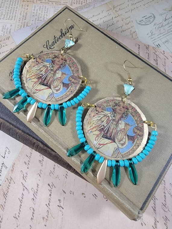 Vintage Decoupage Tin Dangle Earrings; Boho Chandelier Earrings; Artist Drop Earrings; Pastel Art Deco Earrings; Native Princess Earrings