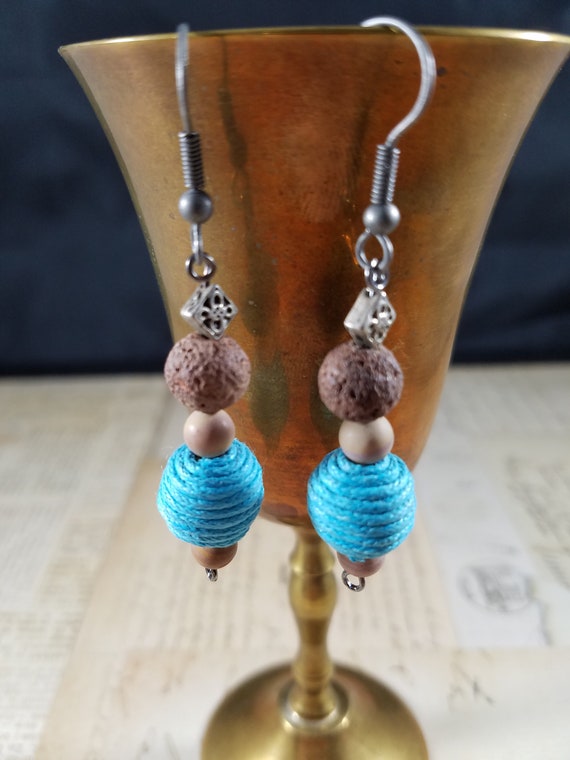 Turquoise Blue and Brown Drop Earrings; Semiprecious Stone and Cord Wrapped Bead Dangle Earrings; Earthy Dangle Earrings