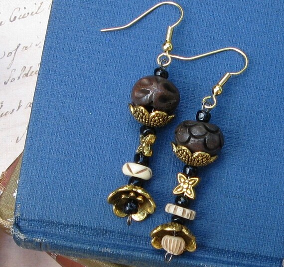 Asymmetrical Brass and Bone Drop Earrings of the Tribal Collection