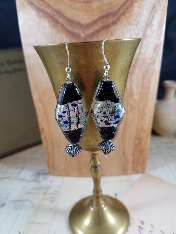 Dichronic Fused Glass Dangle Earrings; Black and Speckled Silver Glass Drop Earrings; Artsy Boho Fish Hook Earrings