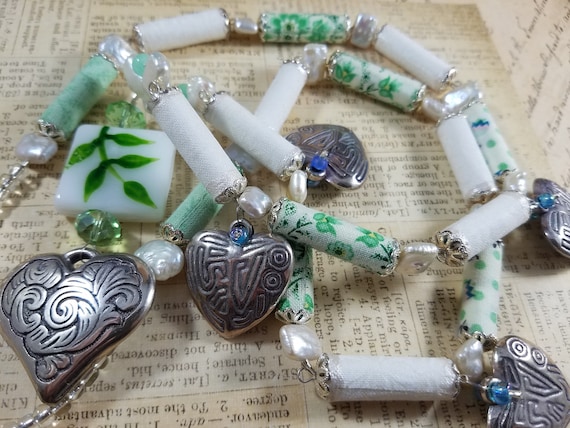 Heart Pendant with Fresh Water Pearls and Handmade Feedsack Fabric Beads