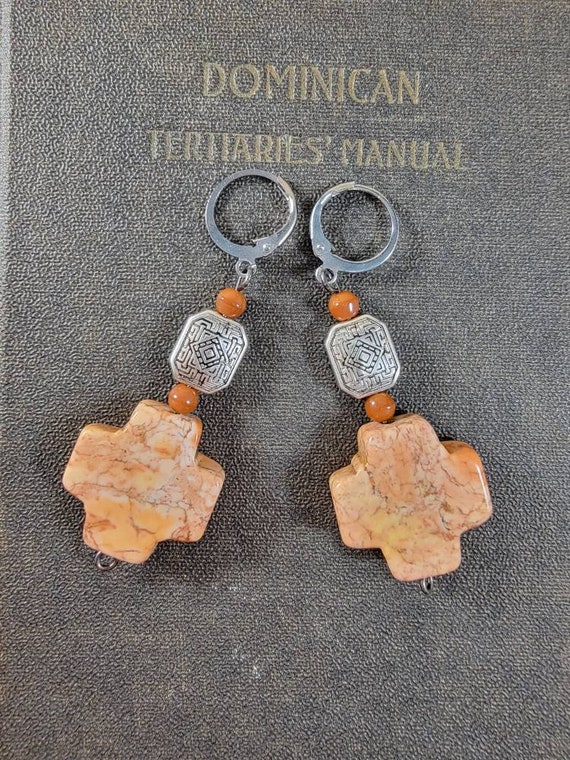 Burnt Orange Stone Cross Drop Earrings; Fall Beaded Dangle Earrings; Rustic Cross Beaded Drop Earrings; Semi Precious Stone Dangle Earrings