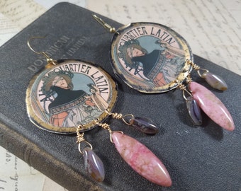 Vintage Decoupage Tin Dangle Earrings; Boho Chandelier Earrings; Artist Drop Earrings; Tin and Gemstone Art Earrings; Latin Lady Earrings