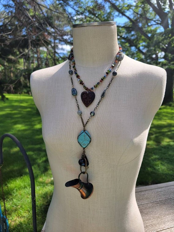 Copper Water Pitcher Art Assemblage Necklace; Mixed Media Turquoise and Carved Heart Pendant; Double Strand Gemstone and Chain Necklace