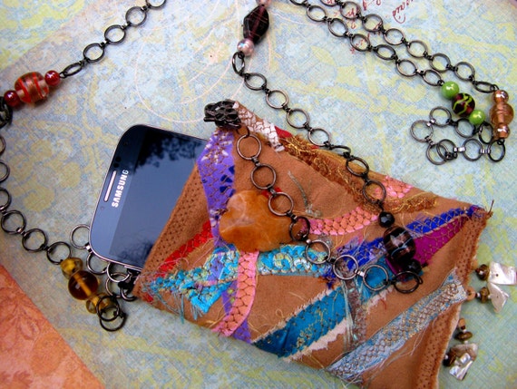 Fiber Art Cell Phone Cross Body Pouch fits iPhone or Samsung Galaxy S10; Small Fiber Art Purse; Ultrasuede Crazy Quilted Cross Body Purse