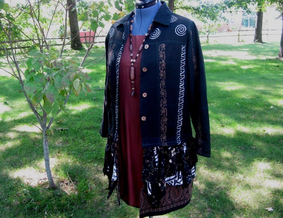 Long Tribal Gypsy Boho Hippie Jacket Made with Upcycled Cotton Jacket and Skirts