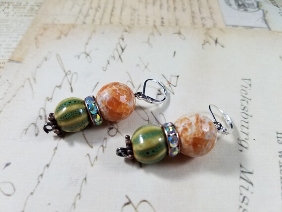 Burnt Orange and Green Pumpkin Drop Earrings; Orange Beaded Dangle Earrings; Artisan Rustic Beaded Drop Earrings; Ceramic Dangle Earrings
