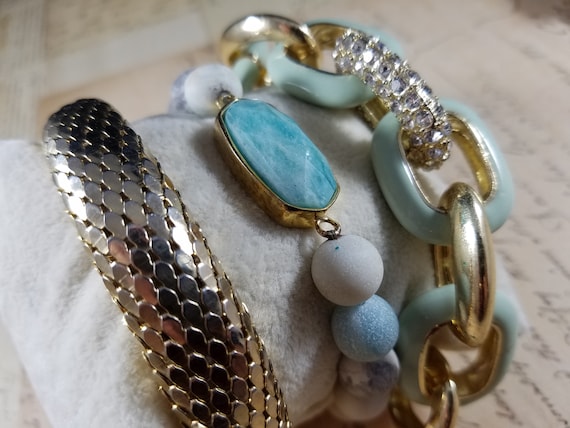 Chunky Aqua Vintage Bracelets Lot #B75; Costume Jewelry Lot, Snake and Pave Bracelet Set; Goldtone Costume Bracelets Lot