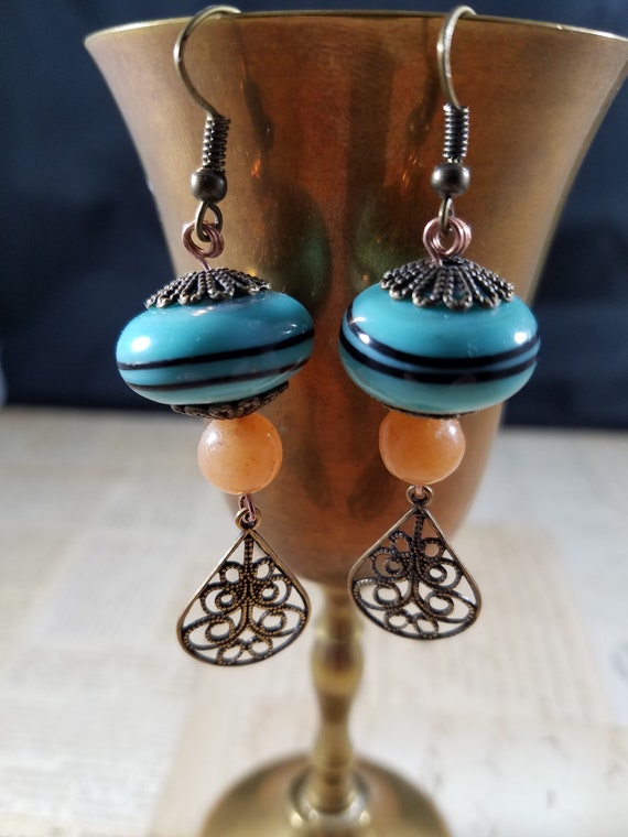 Aqua, Peach Dewdrop Drop Earrings; Lampwork Glass and Beaded Dangle Earrings; Antiqued Brass Beaded Drop Earrings; Boho Dangle Earrings