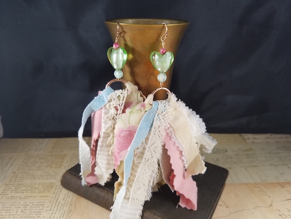 Floral Tassel Shoulder Duster Earrings; Rosey Tassel Boho Earrings; Shabby Chic Tassel Earrings; Pink and Cream Tassel Festival Earrings
