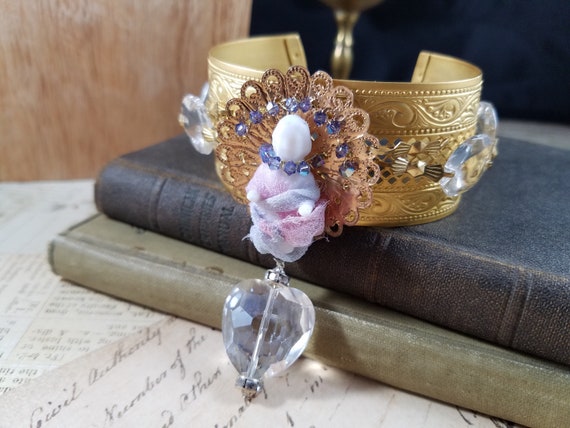 Frozen Charlotte Bracelet; Romantic Rhinstone and Brass Filigree Assemblage Bracelet; Heart Filigree Cuff Bracelet; Valentine Bracelet