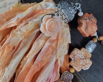 Shabby Chic Tassel Pendant Necklace with Gemstone Beads; Cream Hand Dyed Silk Tassel Necklace; Neutral Tan Tassel Pendant; Fiber Art Tassel
