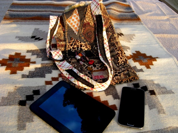 Patchwork Purse; Brown and Beige Fiber Art Purse, Boho Tribal Technology Cross Body Handbag for a Tablet or Kindle, Southwestern Handbag