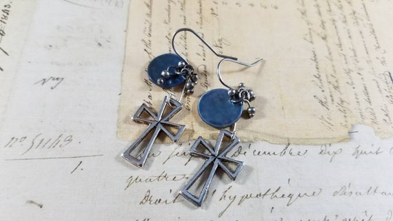 Teal Shell Dangle Cross Earrings