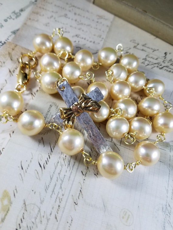 Hammered Riveted Cross and Pearl Necklace; Malorica Pearl Necklace; Easter Necklace; Cross Necklace; Christian Necklace; Mixed Metal Cross