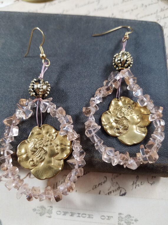 Antiqued Brass, Rhinstones and Bows Drop Earrings; Blush Pink Brass Rhinestone Dangle Earrings; Large Long Vintage Assemblage Earrings