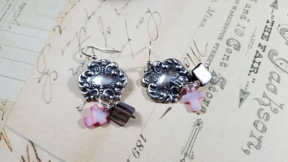 Pink Shell Cross Dangle  Earrings