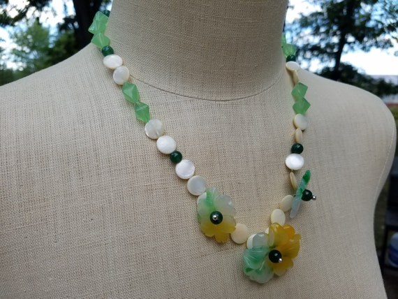 Carved Jade Floral 22" Beaded Necklace; Yellow and Green Jade Floral Necklace; Bohemian Floral Necklace; Jade Flower Necklace
