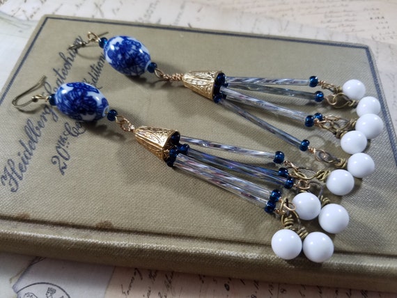 Antiqued Brass Blue and White Glass Long Drop Earrings; Milk White and Blue Glass Chandelier Earrings; Long Vintage Assemblage Earrings
