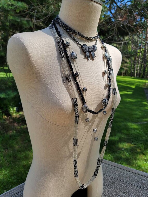 Black and Pewter Beaded Necklaces Jewelry Set #A08
