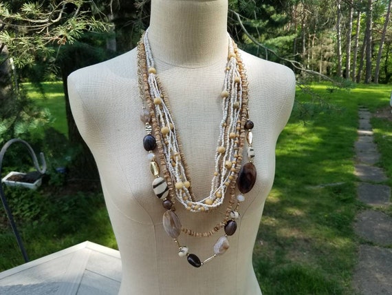 White Tribal Necklace Jewelry Set #N07; Neutral Boho Statement Necklace Set; Vintage Jewelry Set; Tribal Layered Jewelry Lot