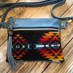 Leather and Pendleton® Wool Leather Hip/Sling Bag with Hand Beaded Tassel ,Leather Belt Bag,  Crossbody , Bum Bag, Leather Waist Bag,