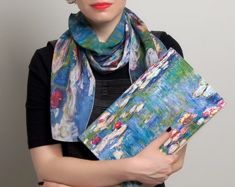 Monet Clutch purse Unique gift Evening clutch bag Water lilies Silk scarf women Small blue purse Skinny scarf Mom gift Art Gift set for her