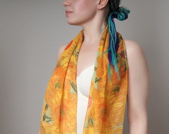 Flower shawl Van Gogh Sunflowers Print scarf Silk chiffon scarf Yellow scarf women Mod scarf Neck scarf Made in Ukraine Art gift for her