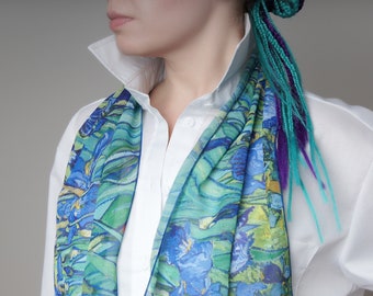 Blue Irises scarf Van Gogh shawl Floral print scarf Chiffon green scarf Painting scarf Art gift for her Summer light scarf Museum scarf