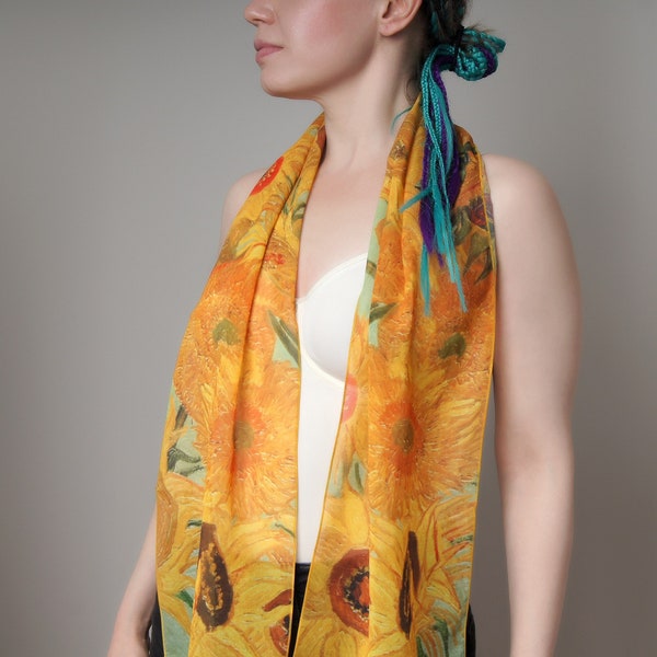 Flower shawl Van Gogh Sunflowers Print scarf Silk chiffon scarf Yellow scarf women Mod scarf Neck scarf Made in Ukraine Art gift for her