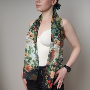 Valentines day gift Floral Silk scarf women Flower print Shawl wrap Chiffon green scarf Art gift for her Skinny scarf Unique gift for women