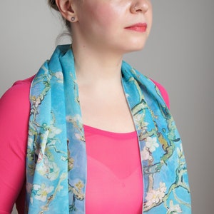 Van Gogh Silk scarf Almond blossom Scarf women Art teacher gift Floral scarf Gift for her Light blue scarf Made in Ukraine Gift for mother