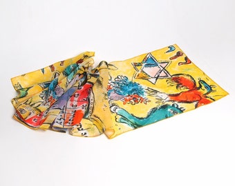 Silk chiffon scarf Marc Chagall print Neck scarf Star of David Yellow scarf women Mod scarf Long silk scarf Made in Ukraine Jewish gift
