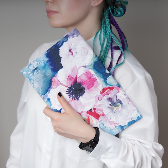 Evening pink bag Floral small purse Envelope clutch Flower print Designer blue handbags Made in Ukraine Presents for her Art lover gift