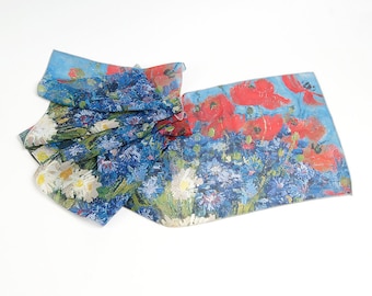 Bufanda estrecha de gasa con estampado de amapolas de Van Gogh para mujer, chal de seda de diseñador para el cuello, envoltura floral azul, regalos para ella, accesorios, arte, regalo único