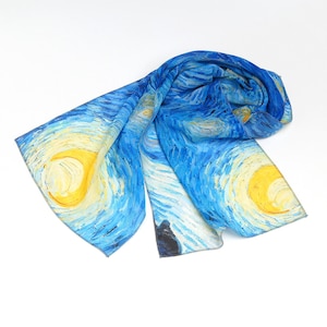 Van Gogh scarf Starry night Print scarf Light blue scarf Silk chiffon scarf Mod scarf Neck scarf Bridal shawl Made in Ukraine Gift for her