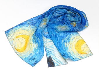 Van Gogh scarf Starry night Print scarf Light blue scarf Silk chiffon scarf Mod scarf Neck scarf Bridal shawl Made in Ukraine Gift for her