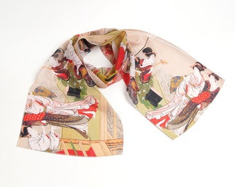 Japanese silk scarf Geisha Chiffon scarf women Mod scarf Ivory shawl Japan print Summer scarf Ukraine shops Formal shawl Gift for women