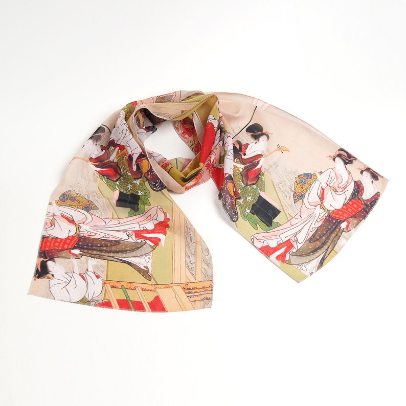 Japanese silk scarf Geisha Chiffon scarf women Mod scarf Ivory shawl Japan print Summer scarf Ukraine shops Formal shawl Gift for women image 1