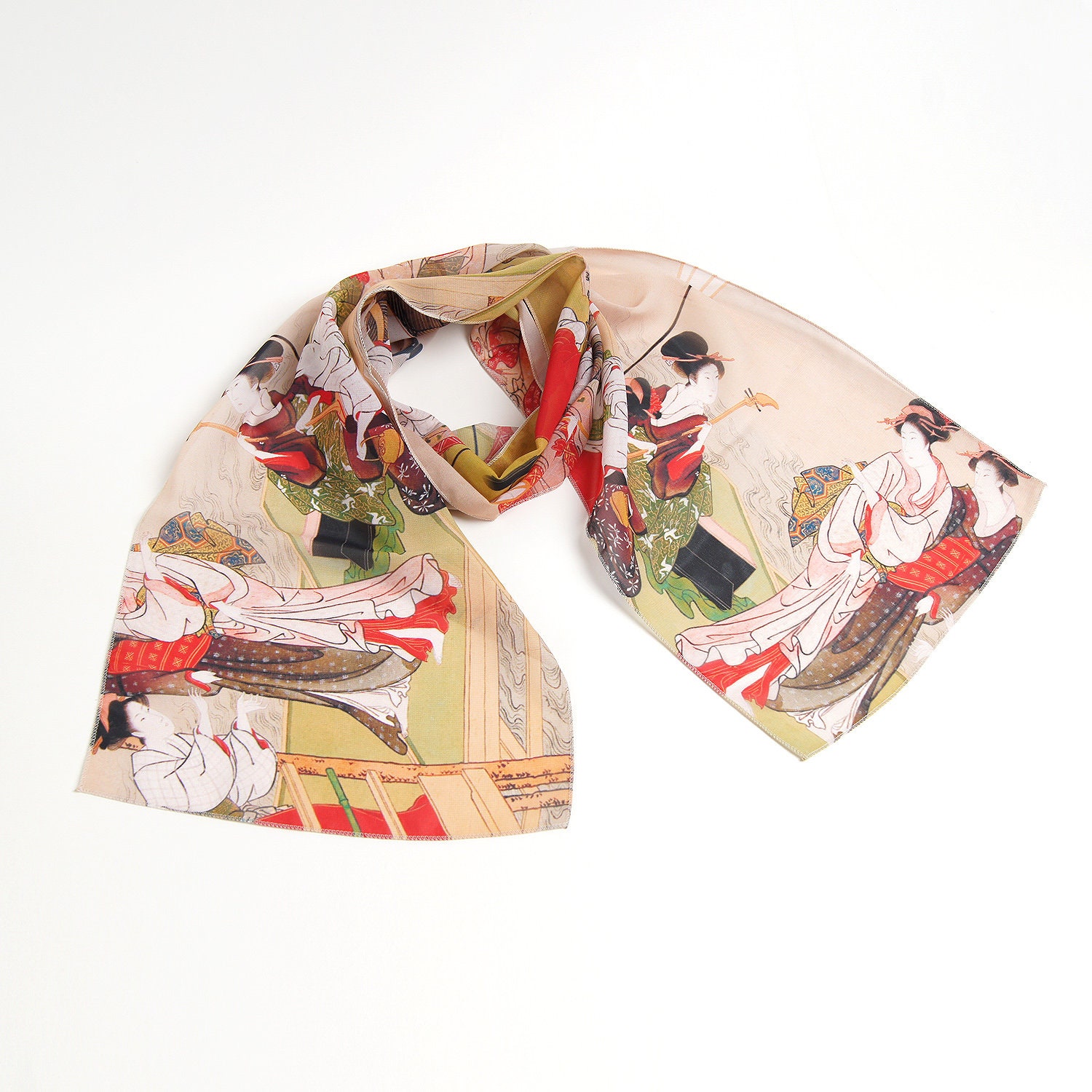 Japanese silk scarf Geisha Chiffon scarf women Mod scarf Ivory shawl Japan print Summer scarf Ukraine shops Formal shawl Gift for women