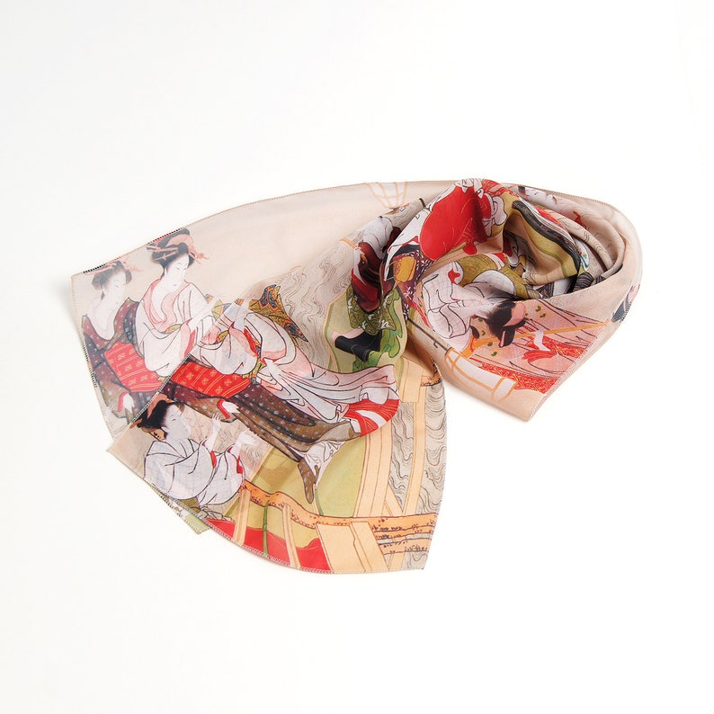 Japanese silk scarf Geisha Chiffon scarf women Mod scarf Ivory shawl Japan print Summer scarf Ukraine shops Formal shawl Gift for women image 4