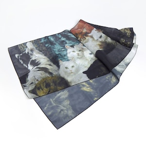 Silk scarf women Cat print Shawl wrap Chiffon skinny scarf Head black scarf Art gift for mom Neck scarf Unique gift for her Cat lover gift