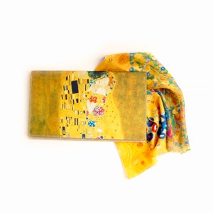 Coffret cadeau pour femme Châle imprimé Gustav Klimt Petit sac à main Pochette dorée The Kiss Foulard en soie pour femme Sac de soirée Foulard skinny Cadeau pour maman