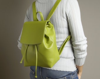 Lime green backpack Cute backpack Leather backpack purse Designer handbags  Ukraine sellers Vegan gift Small backpack Gift for teenage girl
