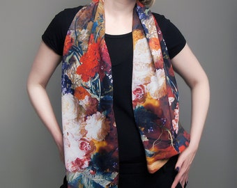 Floral scarf Silk scarf women Art teacher gift Flowers print Shawl wrap Gift for mom Chiffon scarf Made in Ukraine Head scarf Gift for her