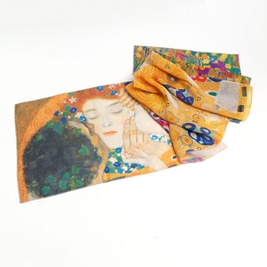 Klimt scarf Gold silk scarf Print scarf The kiss Klimt Silk chiffon scarf Yellow scarf Mod scarf Neck scarf Made in Ukraine Gift for women